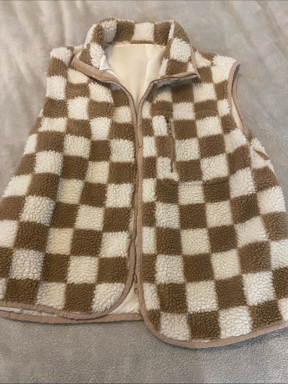 Cozy Checkerboard Sherpa Vest in Cream & Tan